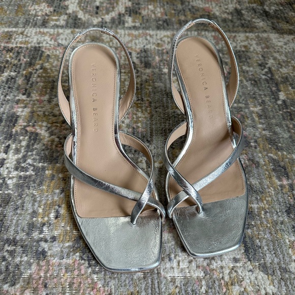 Veronica Beard Silver Strappy Square Toe Heals Merrit Silver Sandals Size 7 - Picture 4 of 8